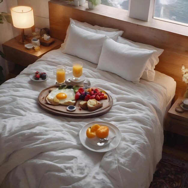 High angle cozy bed arrangement with breakfast