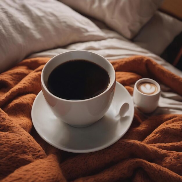 High angle cozy bed arrangement with coffee cup