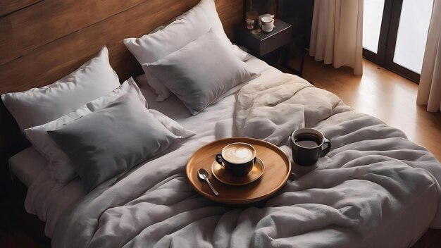 High angle cozy bed arrangement with coffee cup