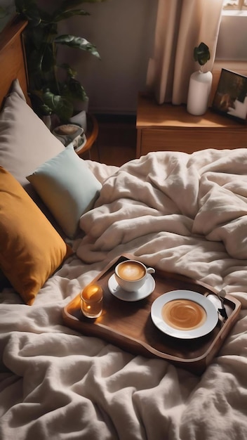 High angle cozy bed arrangement with coffee cup