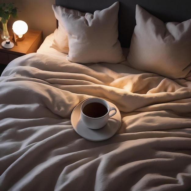 High angle cozy bed arrangement with mug