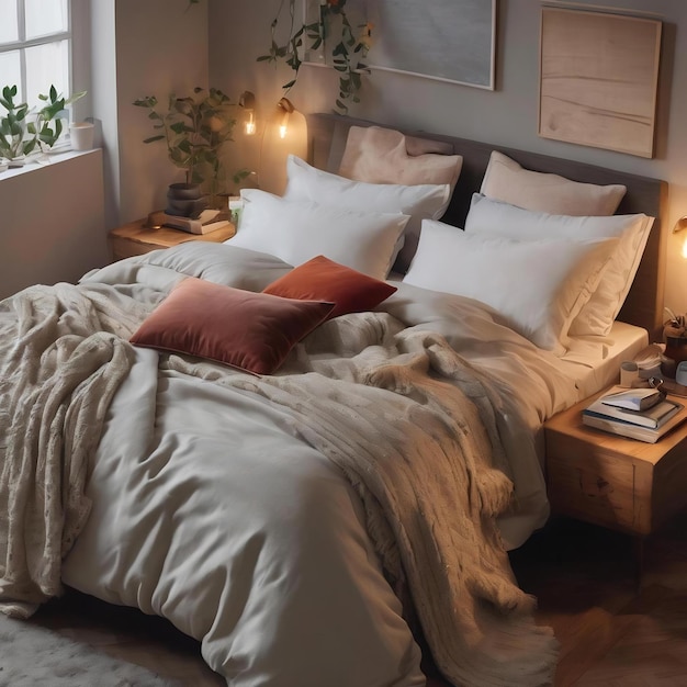 High angle cozy bed arrangement with notebook