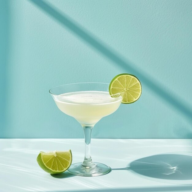 Photo high angle delicious daiquiri with lime white and isolated on light blue background