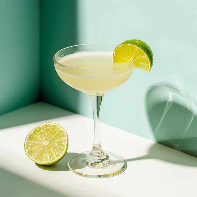 Photo high angle delicious daiquiri with lime white and isolated on light blue background