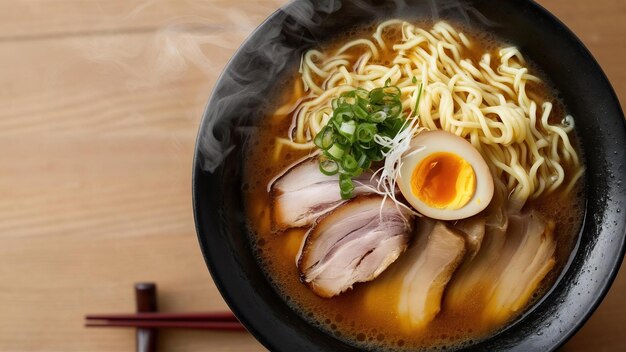 High angle of delicious ramen in bowl
