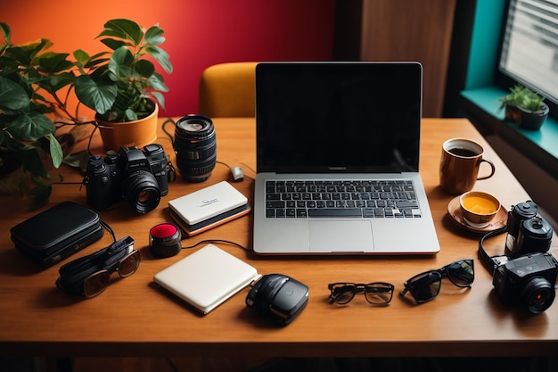 High angle desk arrangement with laptop