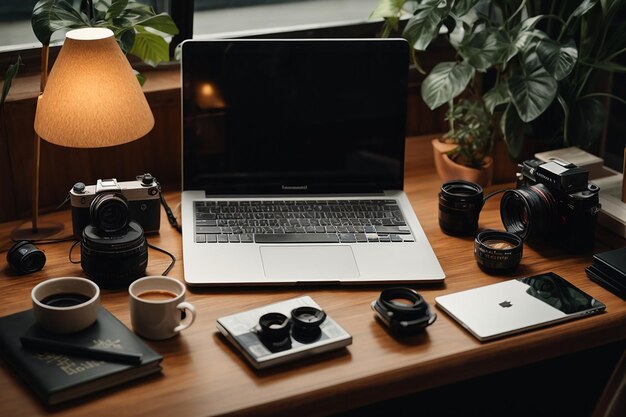 High angle desk arrangement with laptop