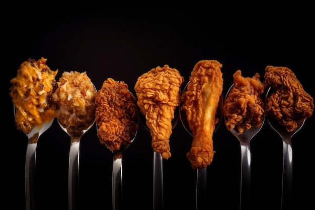 High angle of different types of fried chicken with cutlery