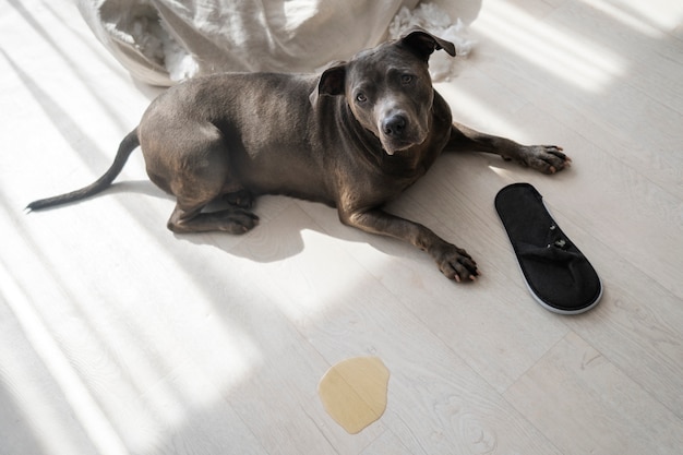 写真 床に靴を履いたハイアングル犬