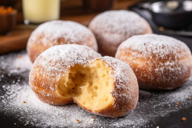 High angle of donuts with bite mark and powdered sugar
