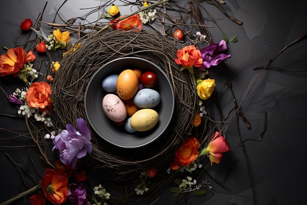 High angle of easter eggs in twigs nest with vase of flowers