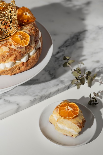 High angle of epiphany day dessert with dried citrus