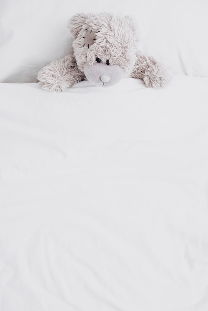 High angle fluffy teddy bear in bed