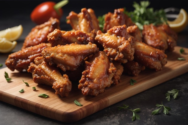 Photo high angle fried chicken wings on cutting board