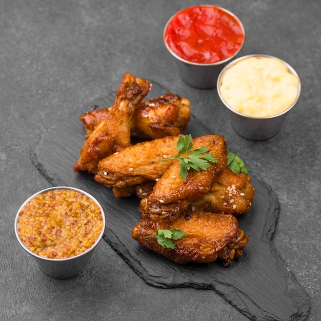 High angle of fried chicken with variety of sauces on slate