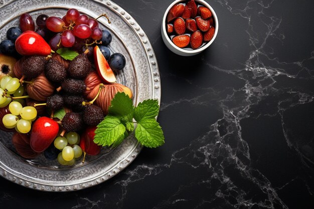 High angle of fruit desserts on plate with vase and plant