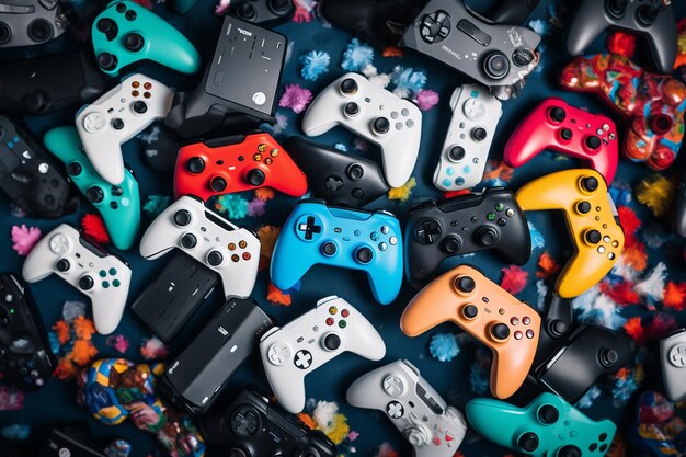 Photo high angle gaming controllers arrangement