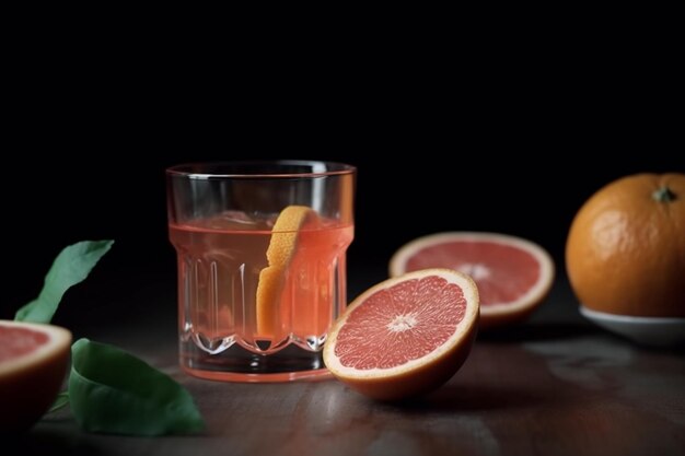 High angle of glass with soft drink and grapefruit