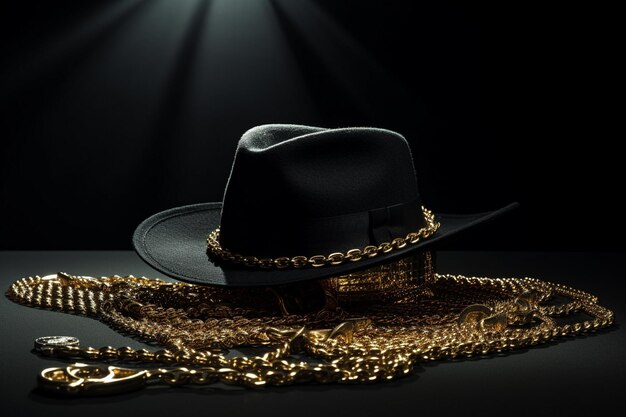 Photo high angle gold chains and hat