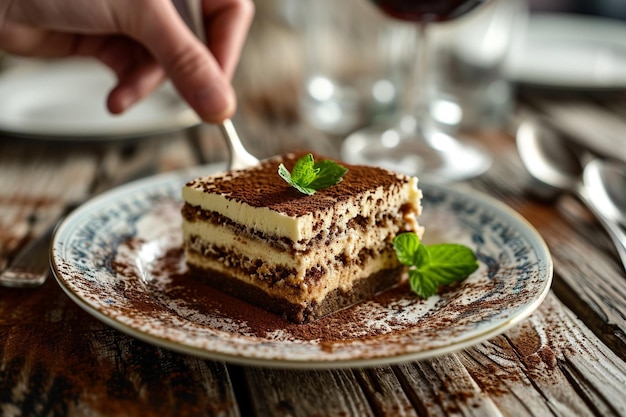 High angle hand and tiramisu on plate