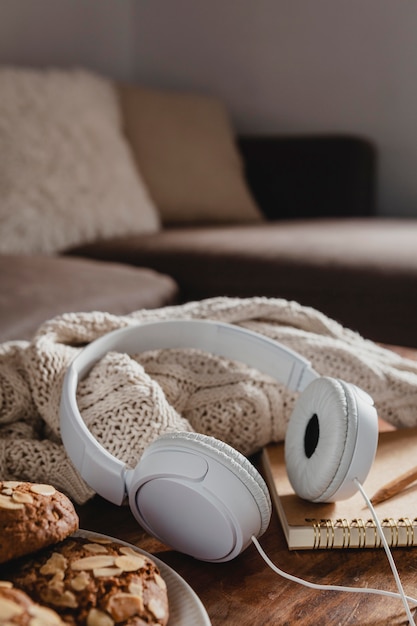 Photo high angle headphones with blanket