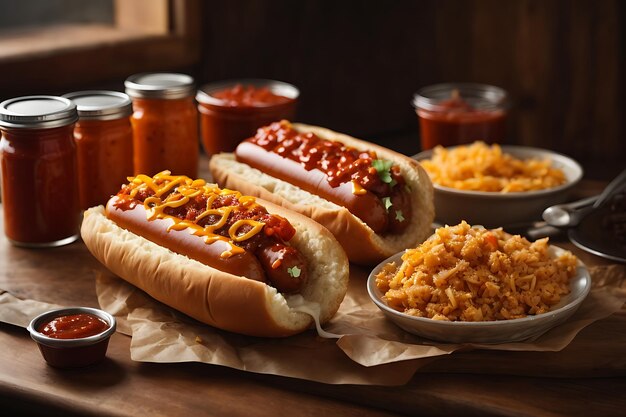 Foto hot dog ad alto angolo e contenitori di salsa