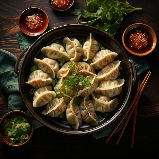 high angle japanese dumplings