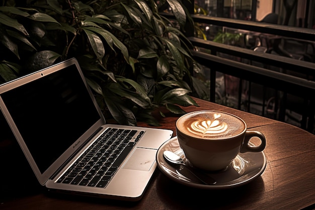 Photo high angle laptop and coffee arrangement