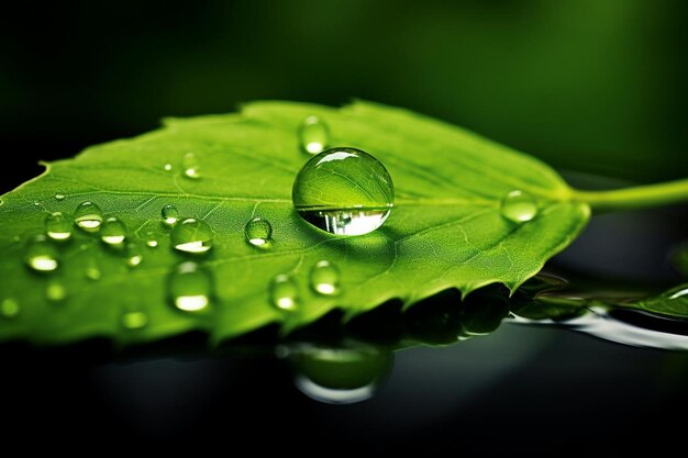 High angle of macro water drop on leaf surface