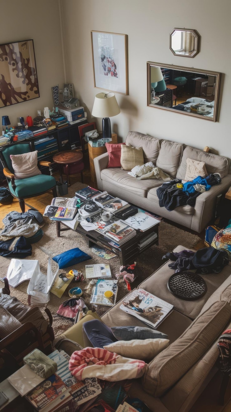 Photo high angle messy home concept