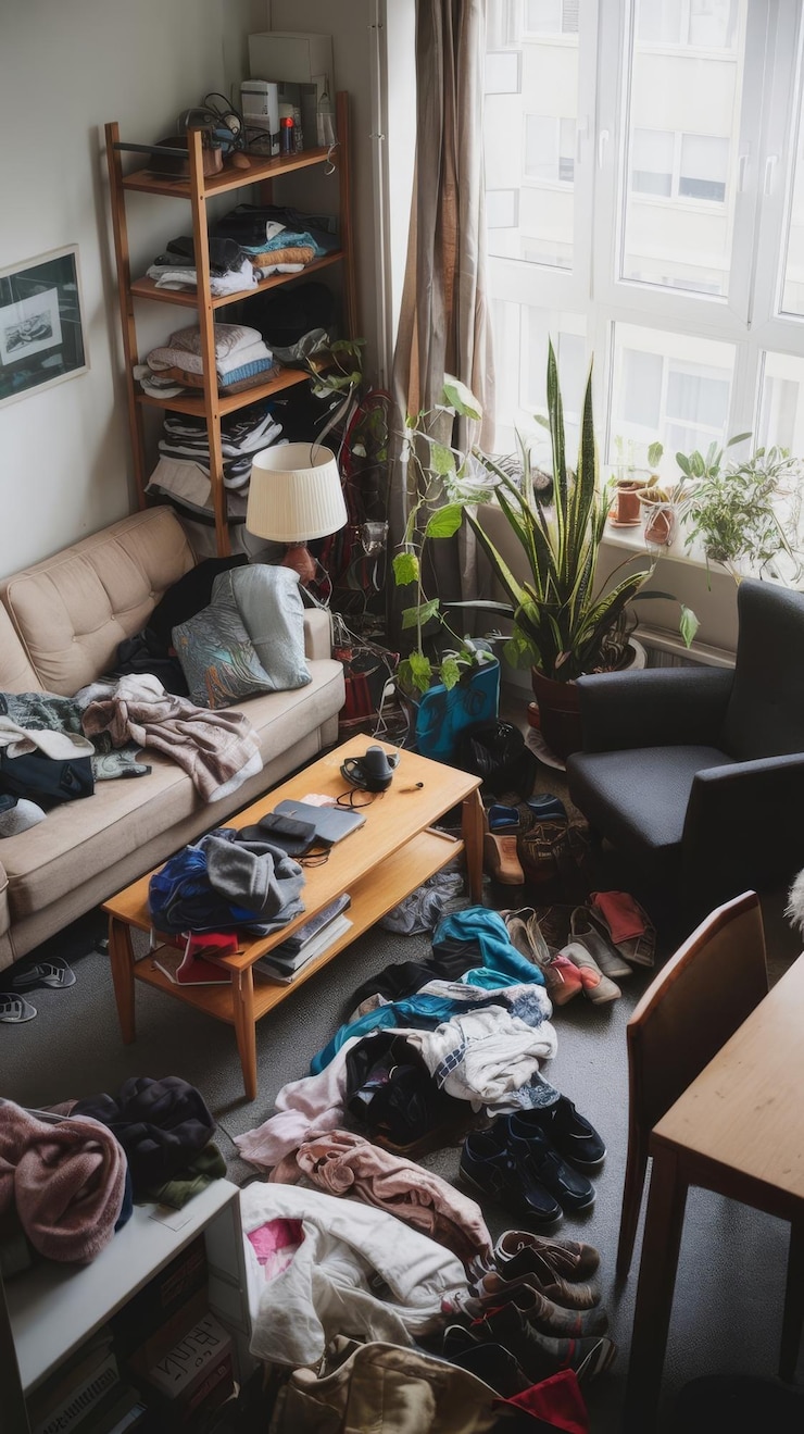Photo high angle messy living room with clothes and plants