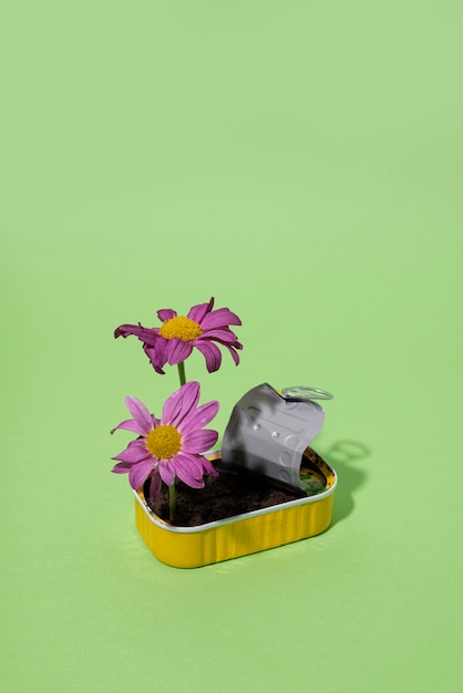 High angle metal box with flowers