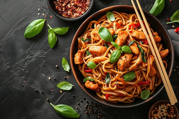 High angle noodles with vegetables and chicken with chopsticks