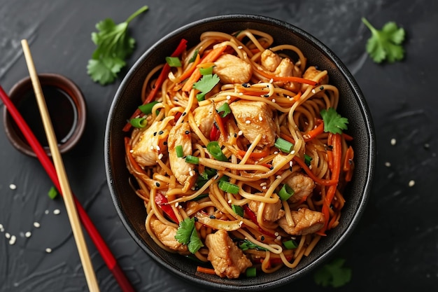 Photo high angle noodles with vegetables and chicken with chopsticks