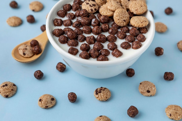 写真 牛乳とチョコレートの朝食用シリアルの高角度