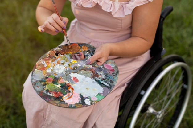 写真 ペイントパレットと車椅子の女性の高角度