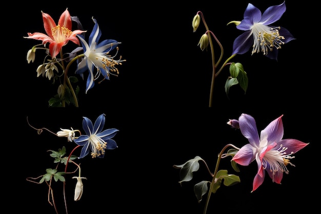 High angle one columbine stalk on a dark background