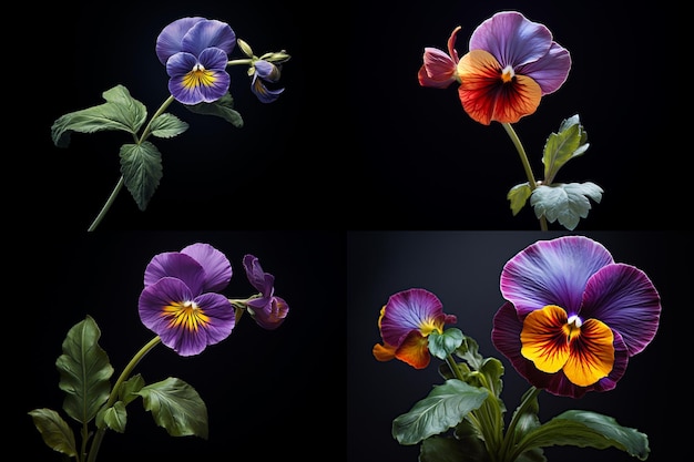 Photo high angle one pansy stalk on a dark background