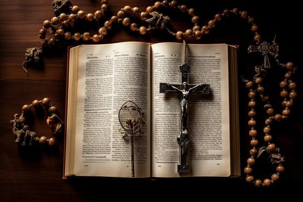 Foto bibbia aperta ad alto angolo e arrangiamento del rosario