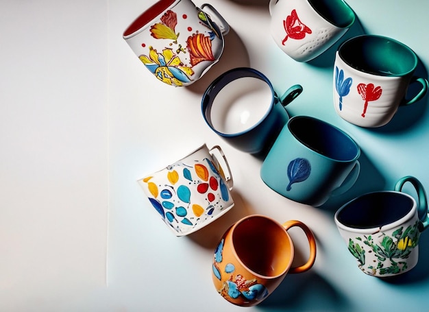 high angle painted mugs arrangement