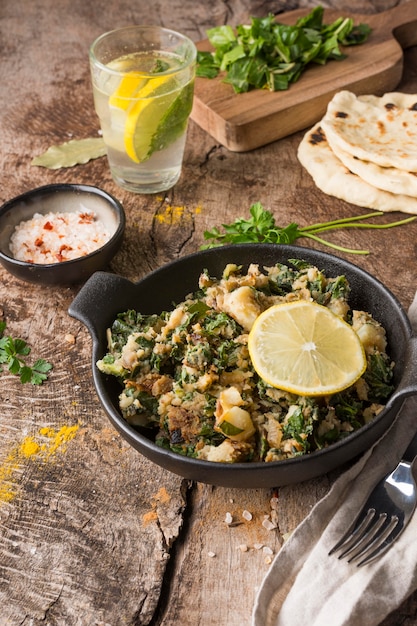 High angle pakistan food with lemon slice