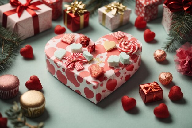 High angle of paper heart shape with presents and sweets ar c