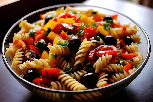 High angle pasta salad with balsamic vinegar
