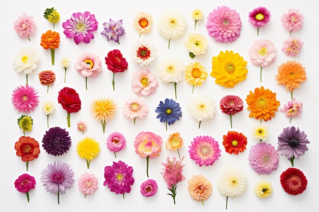 Foto foto ad alto angolo di una varietà di fiori vivaci su uno sfondo bianco pulito, modificata e organizzata in modo professionale