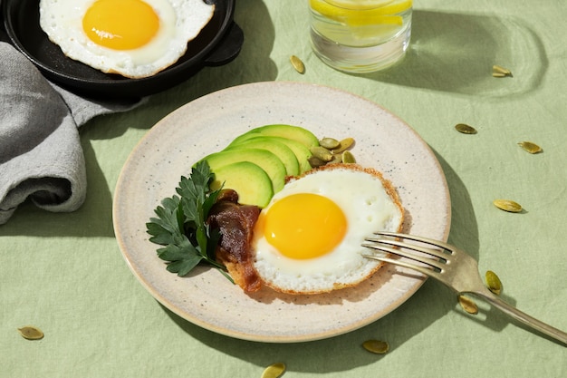 High angle of plate with keto diet food and a fork