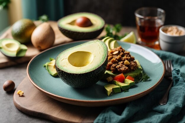 High angle of plate with keto diet food and a plate with sliced avocado