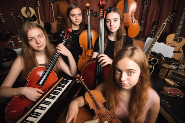 High angle portrait of a group of female students standing with their instruments before performing