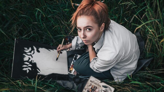 Foto ritratto ad alto angolo di un uomo seduto sul campo