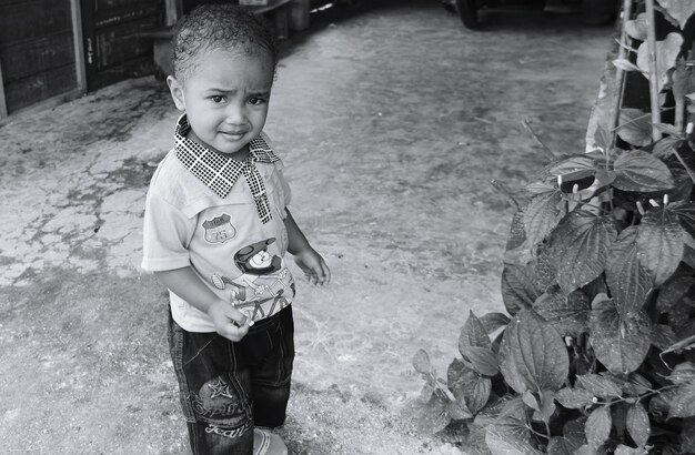 写真 道路に立っている可愛い男の子の高角度の肖像画