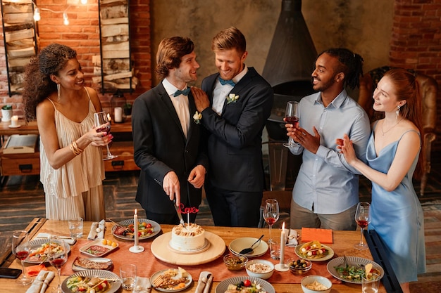 High angle portrait of young gay couple smiling happily while celebrating same sex marriage at weddi